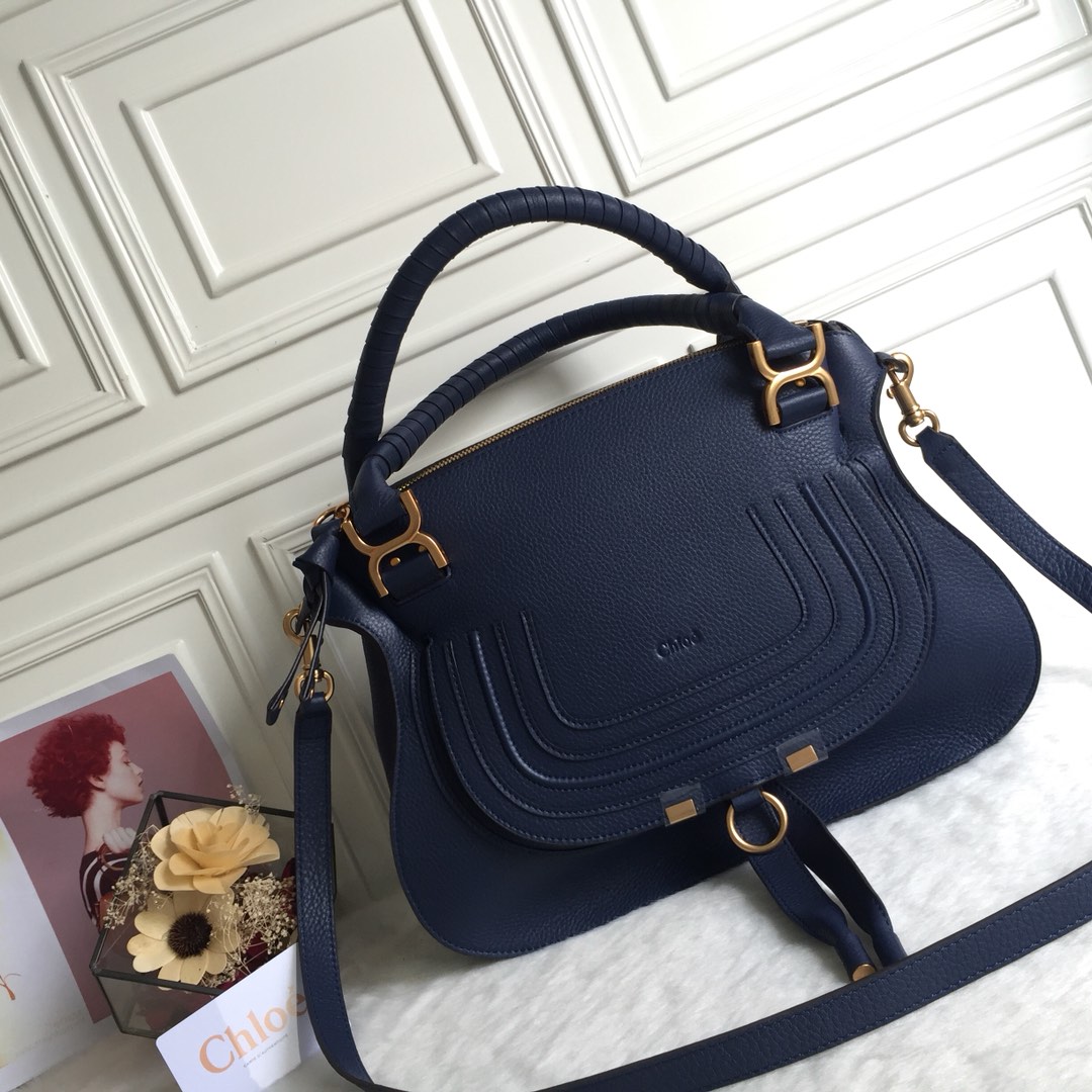 Chloe Large Marcie Bag In Navy Grained Leather